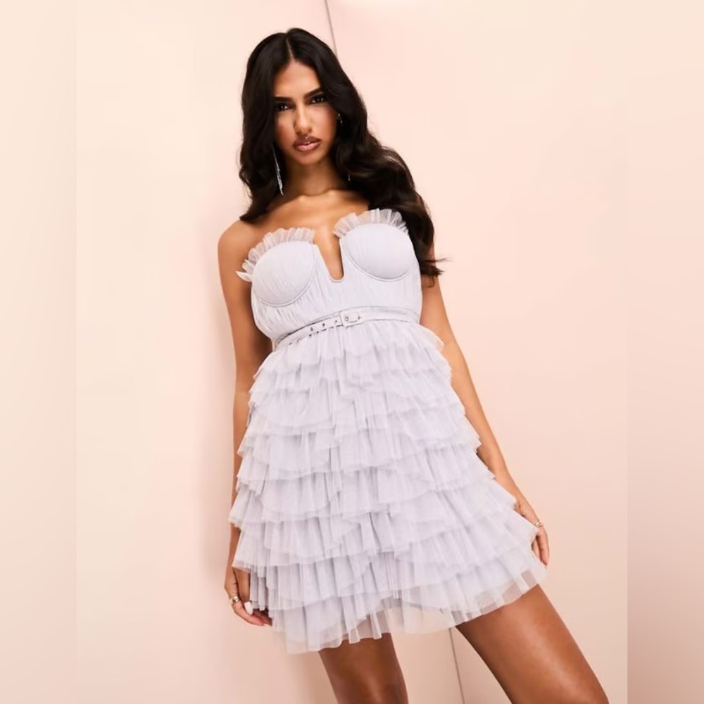 ASOS Luxe Grey Strapless Corset Tulle Ruffle Mini Dress Belted Prom Babydoll